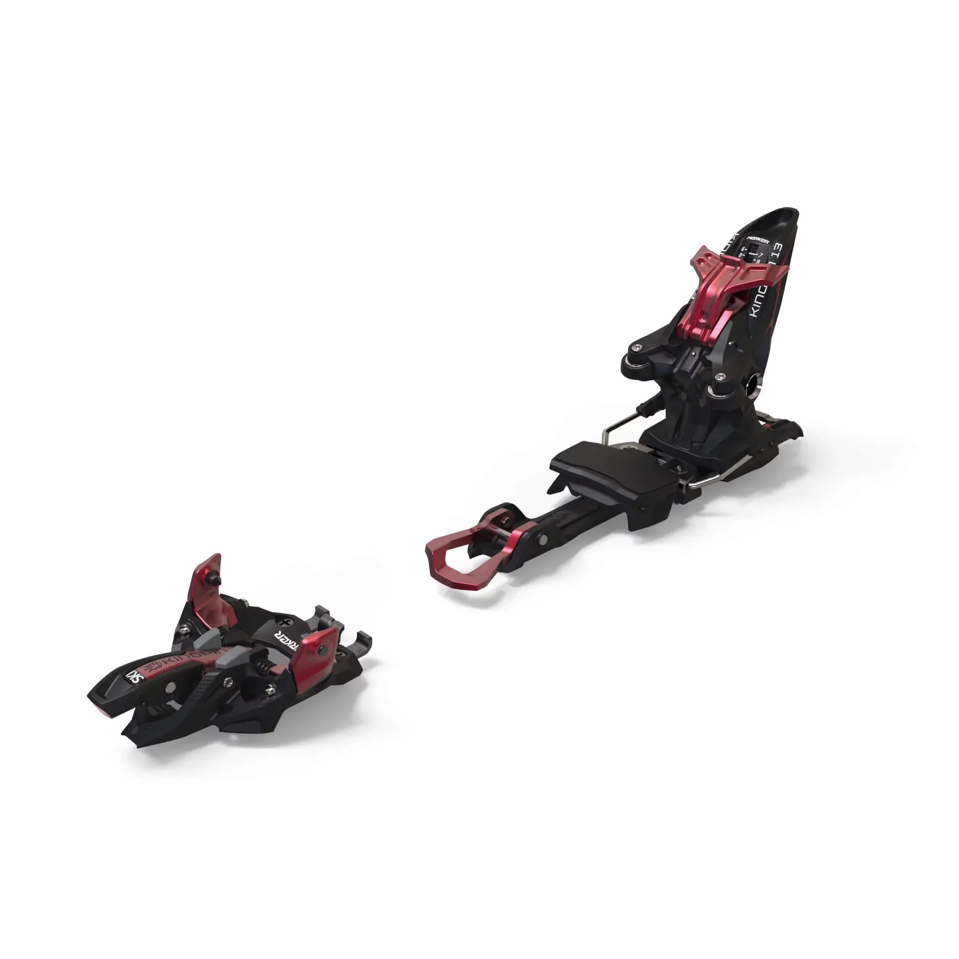 Black and red King Pin 13 ski touring binding, front and rear jaws are separate on a white background.
