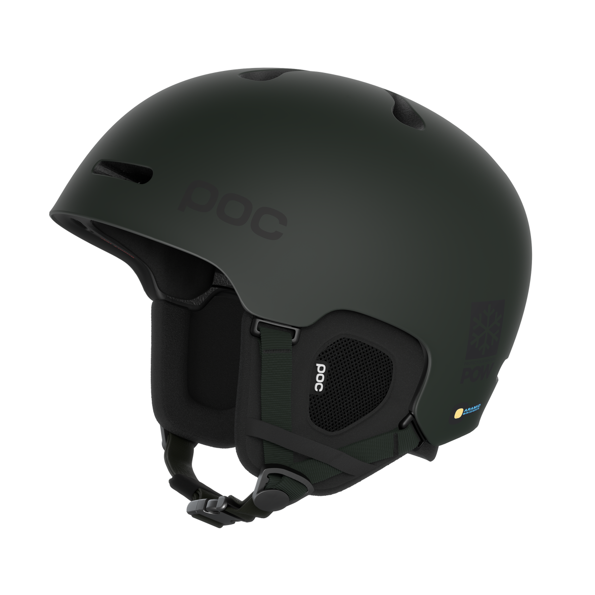 Dark green POW JJ ski helmet Dark green Poc Fornix Mips POW JJ ski helmet, side view with ventilation holes and chin strap.
