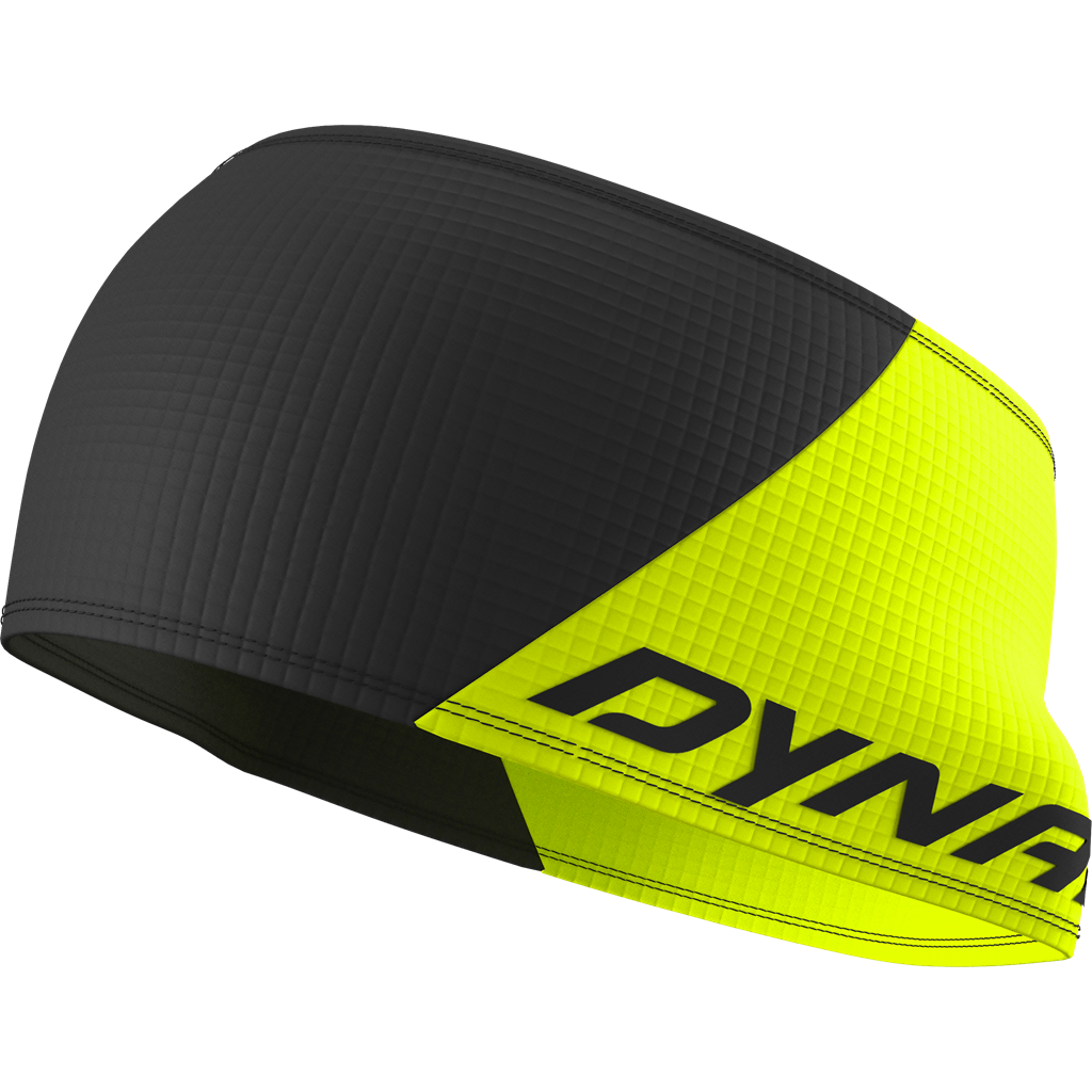 Stirnband in Schwarz und Neon-Gelb mit dem schwarzen Schriftzug "DYNAFIT" auf der Seite. Rautenmuster überzieht das gesamte Stirnband.