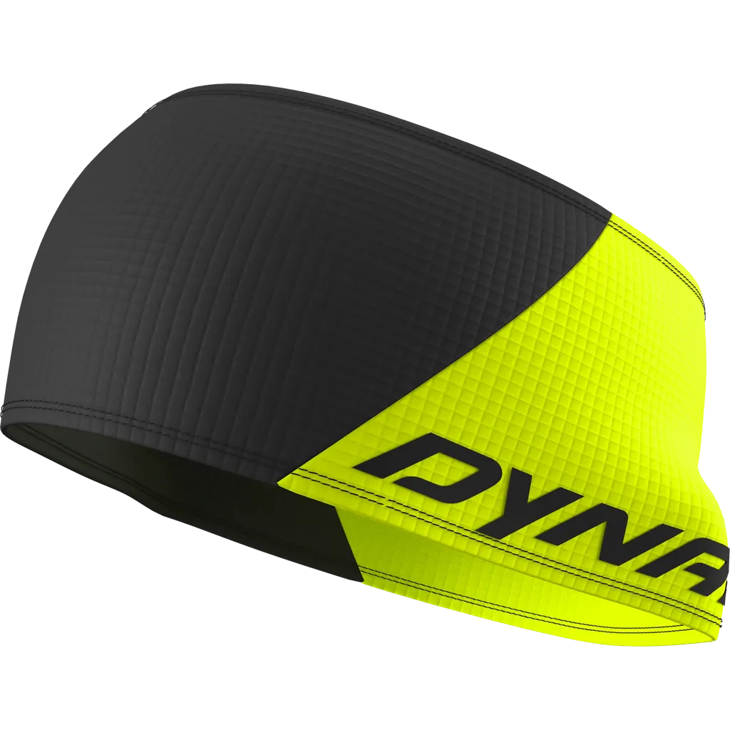 Fascia in nero e giallo neon con la scritta "Dynafit" in nero sul lato. Il motivo a diamante copre l'intera fascia.