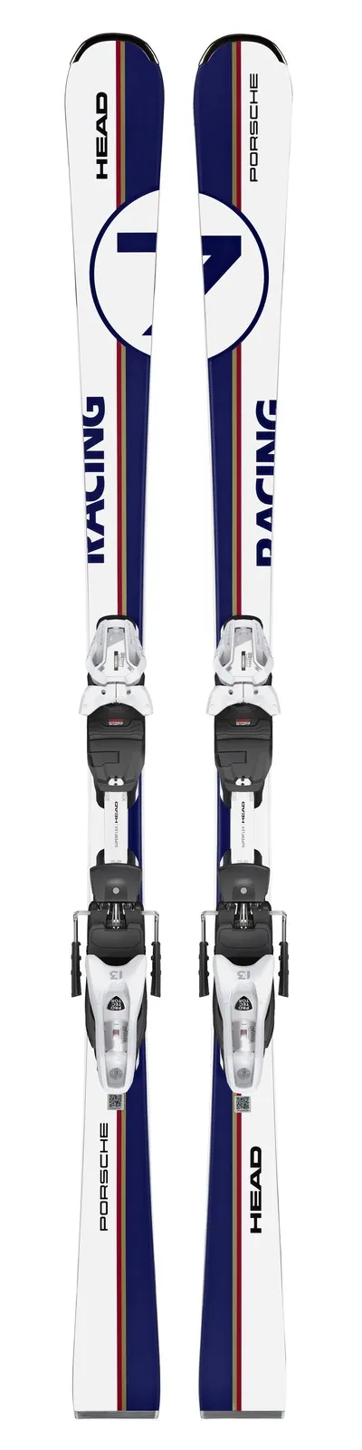 Vue de dessus d'un ski Head Porsche 7 Series blanc avec des accents bleus et dorés et des fixations montées.