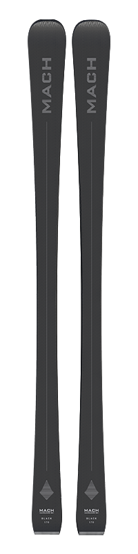 Dunkle Ski von MACH BLACK, Ansicht von vorn. Ski mit Aufschrift und grafischen Details.