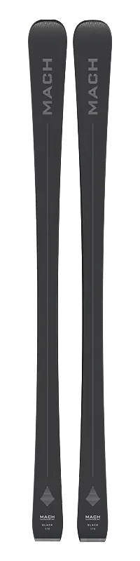 Dunkle Ski von MACH BLACK, Ansicht von vorn. Ski mit Aufschrift und grafischen Details.