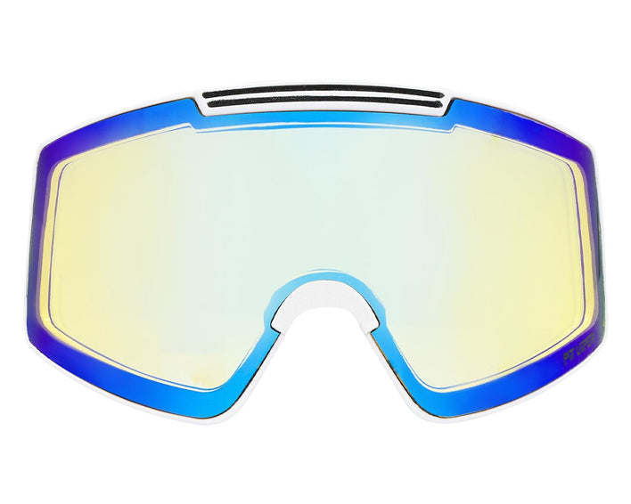 Frontale Ansicht der Miami Nights Proform Goggle Linse mit blauem Rahmen und gelbem Farbverlauf in der Mitte.