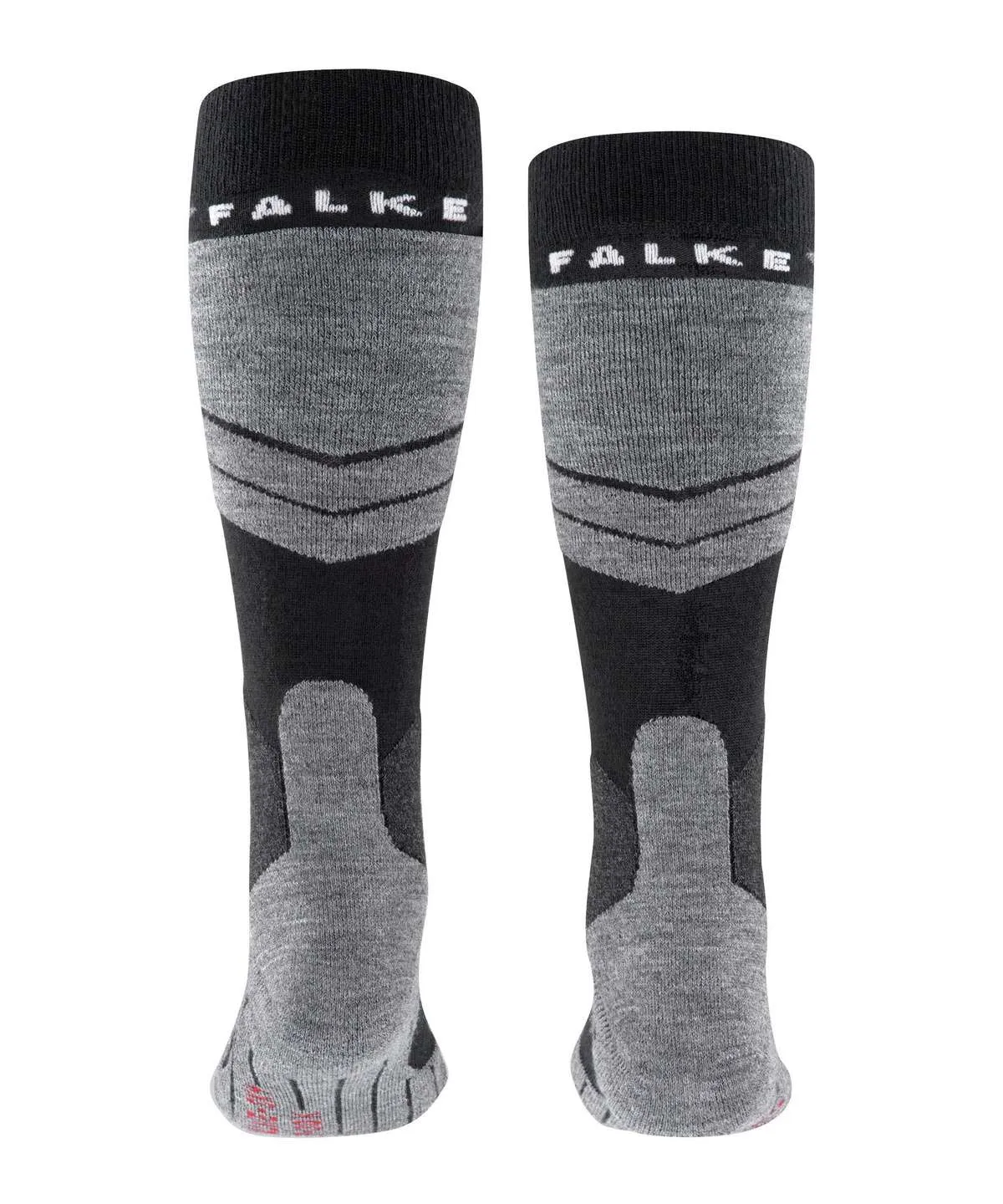 A pair of knee-high Falke socks in black and gray, shown from the front against a white background. Black cuff with white Falke logo. Gray shaft with two dark V-shaped stripes. Reinforced light gray heel and toe areas.