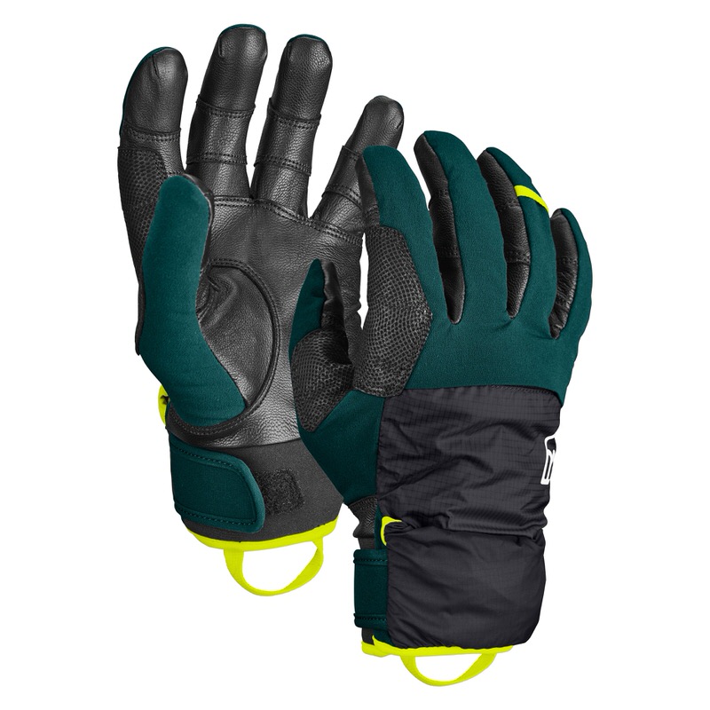 Zwei Ortovox Tour Pro Cover Handschuhe in Dunkelblau/Schwarz mit gelben Akzenten, einer mit Innenhand nach oben.