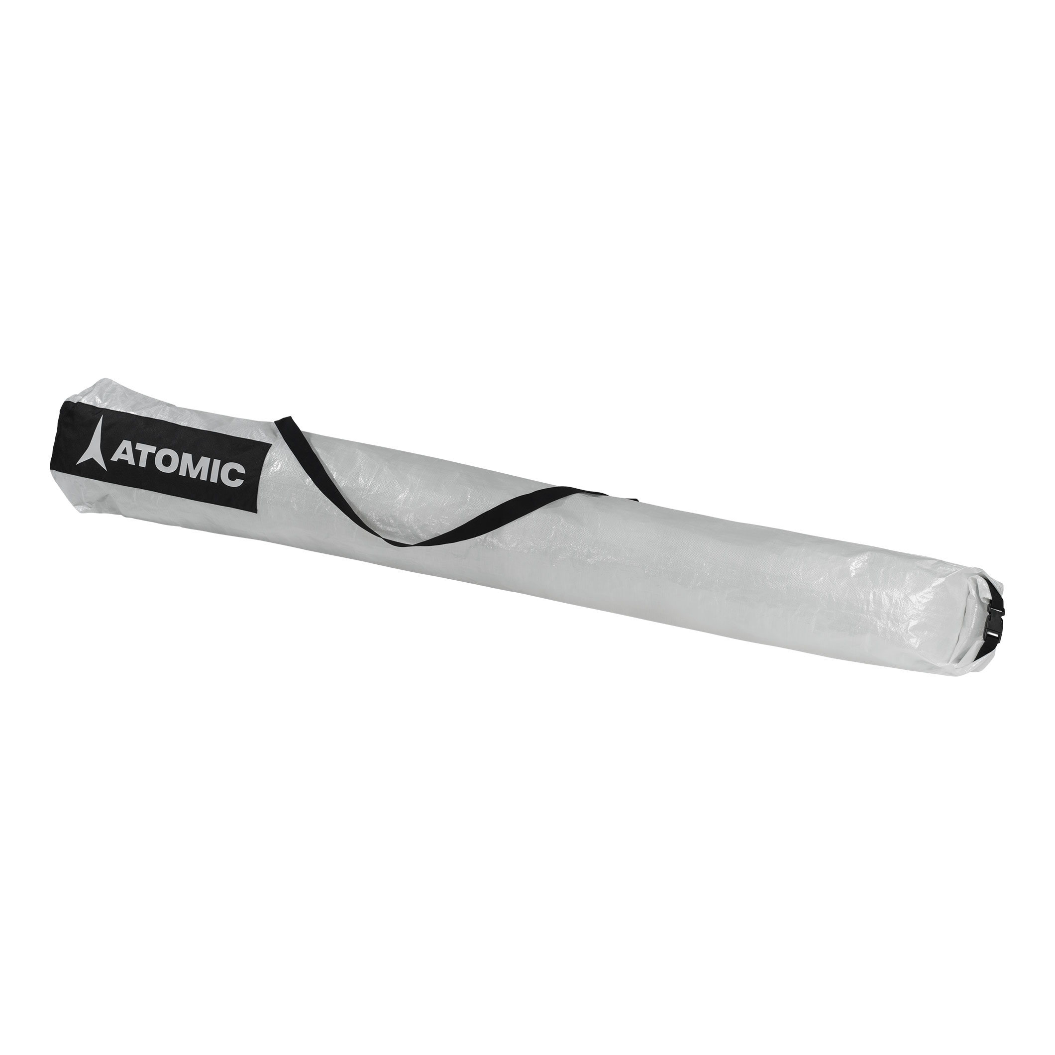 Transparent, elongated ski bag with black carrying strap and Atomic logo.