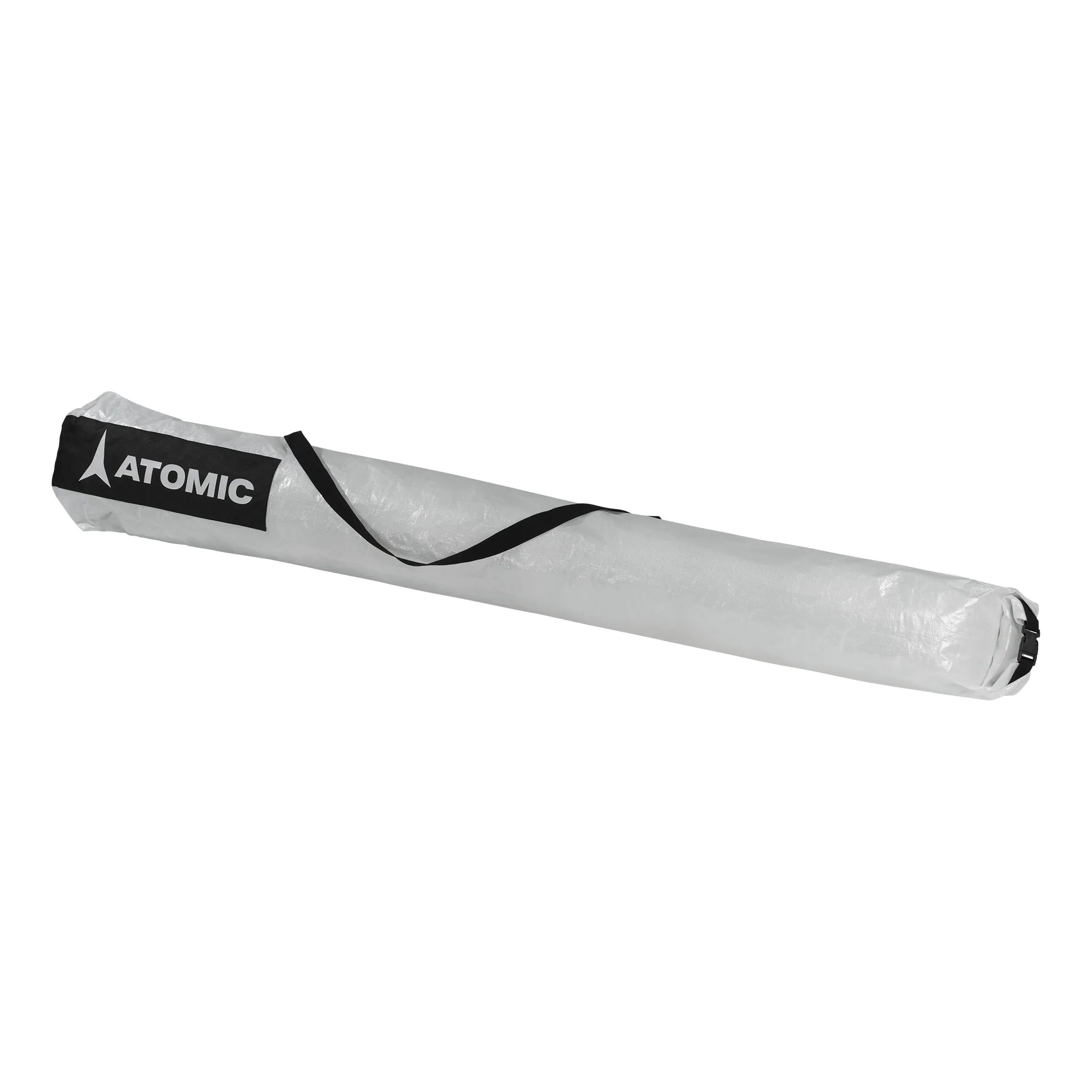 Sac à skis transparent, de forme allongée, avec sangle noire et logo Atomic.