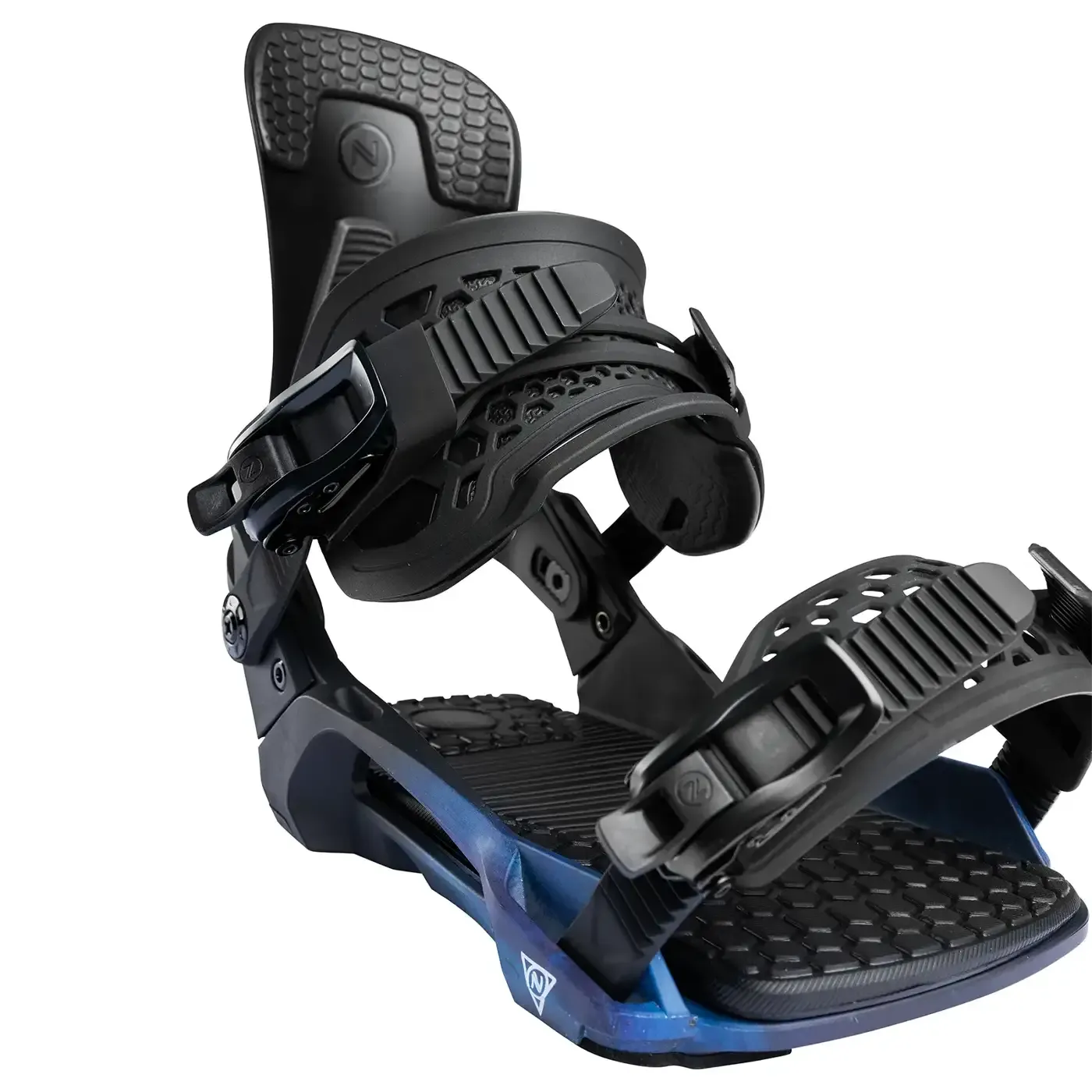 Close-up of a snowboard binding in black and dark blue with straps and buckles.