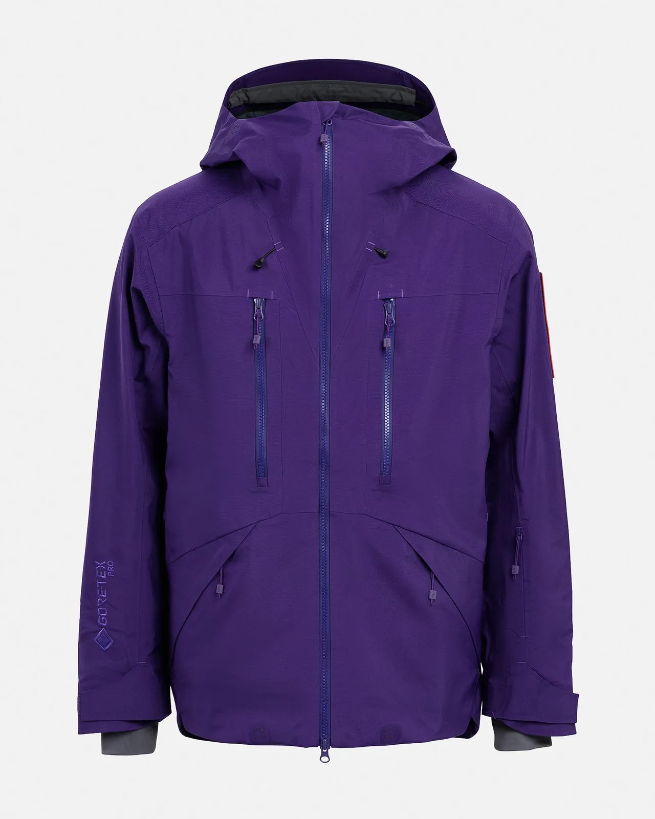 Purple GORE-TEX EPE 3L shell jacket with hood and zippers on a white background.