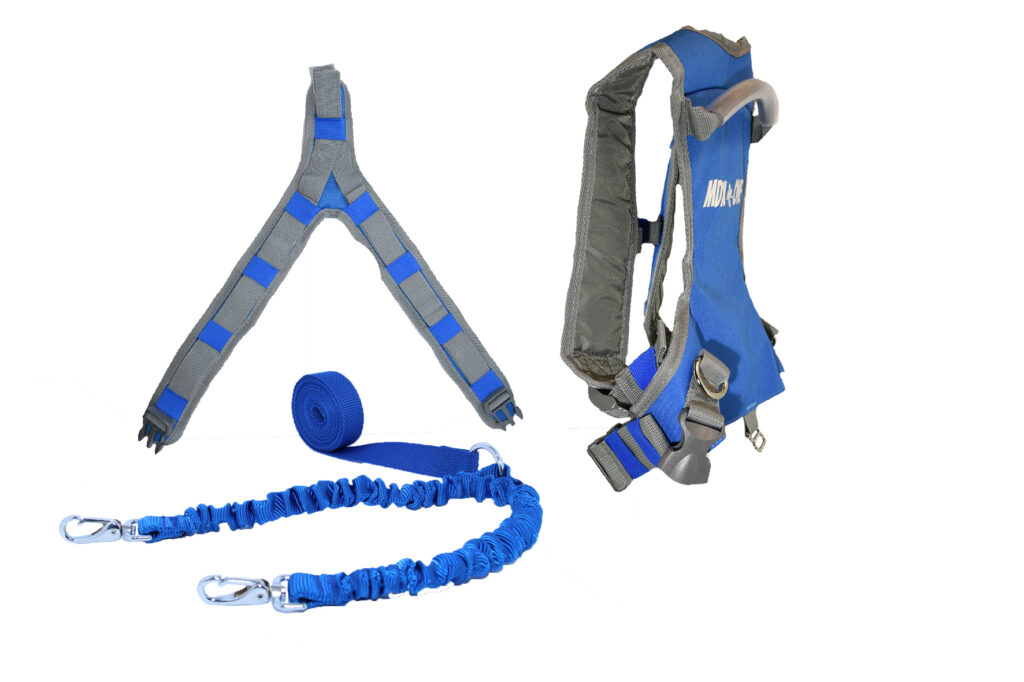 Blue-grey therapy vest with straps, handle and pull rope on a white background.