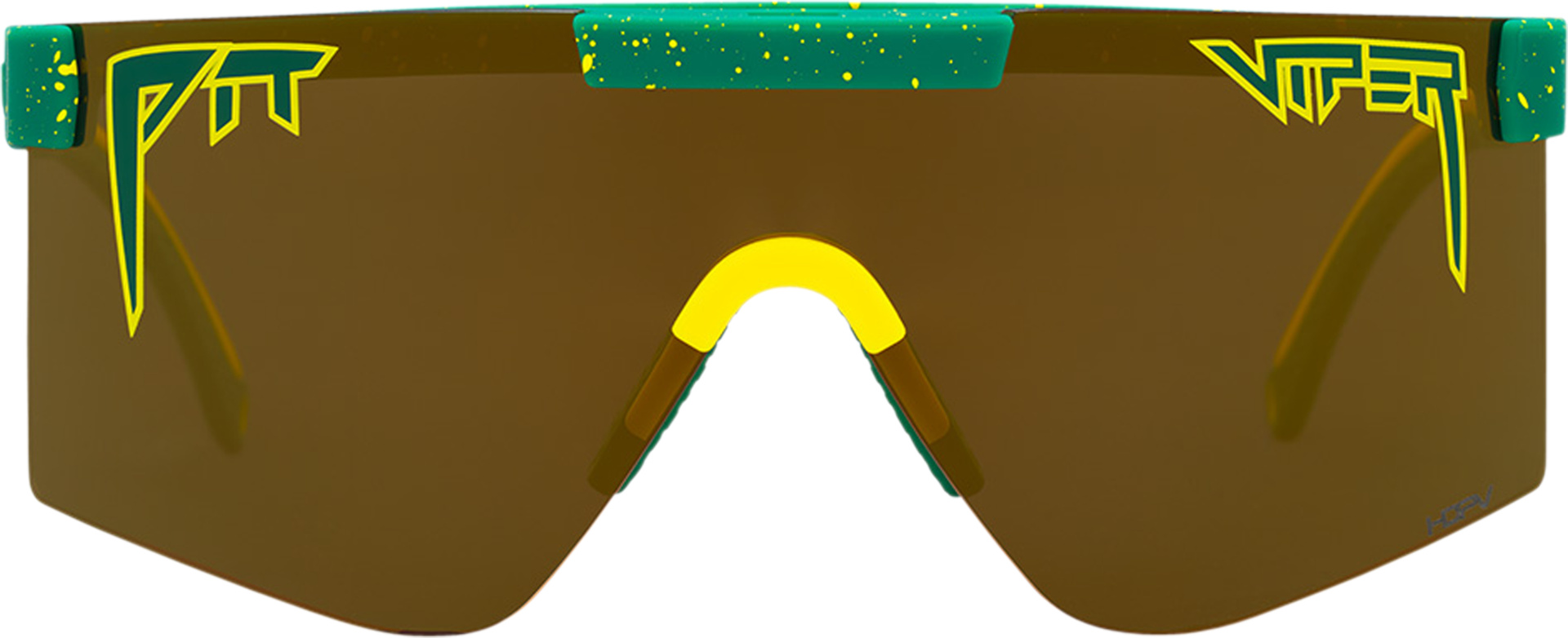 Gold polarisierte Sonnenbrille "Pit Viper The Straya Original" von vorn. Grüne Akzente und gelbe Logos.