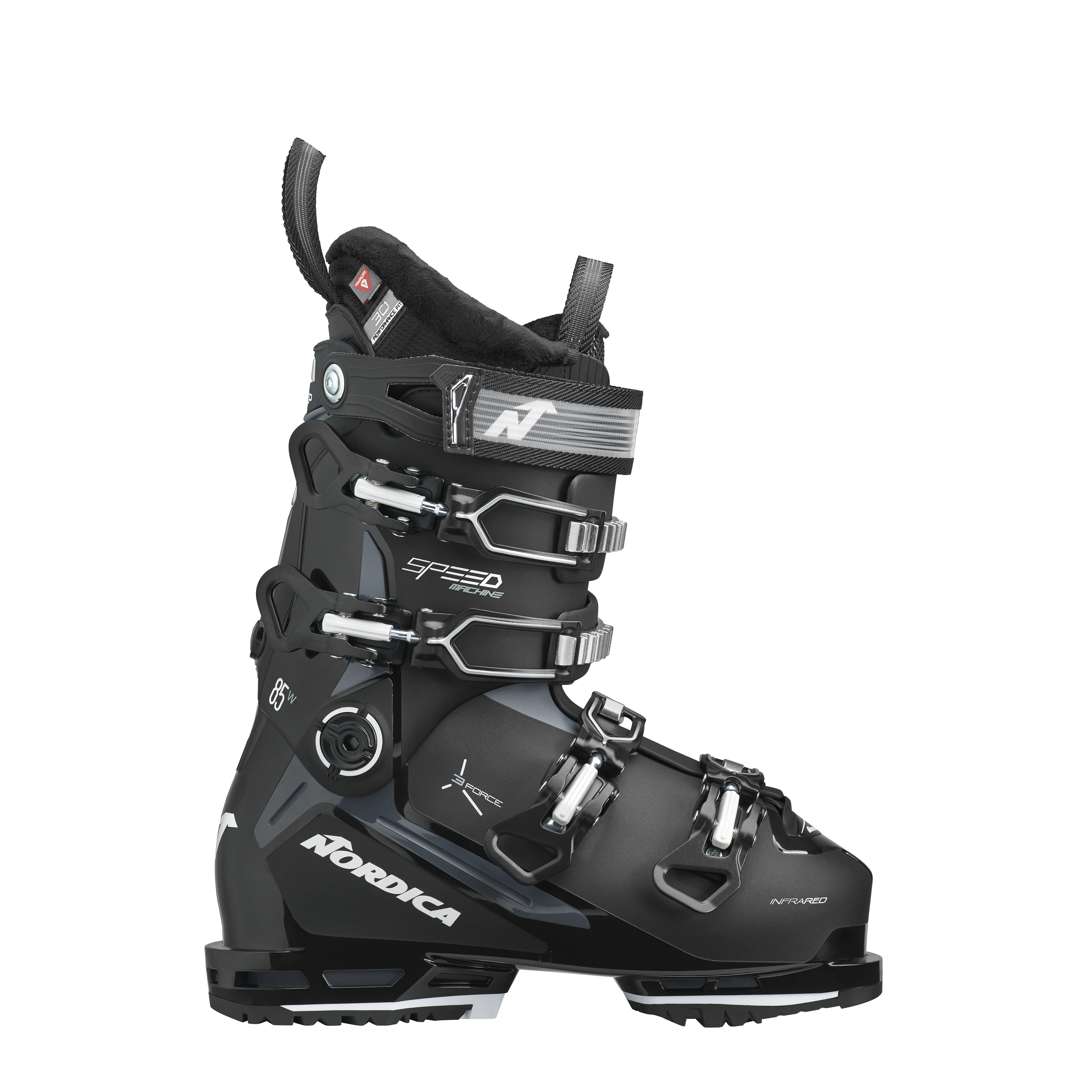 Schwarzer Nordica Speedmachine 3 85 W GW Skischuh, seitliche Ansicht, vier Schnallen, weißes Nordica Logo.