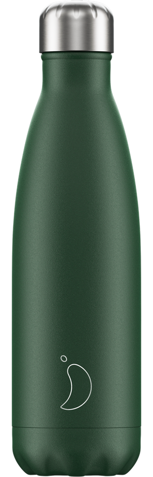 Gourde vert mat Chillys en acier inoxydable, 500 ml, avec couvercle argenté et logo blanc.