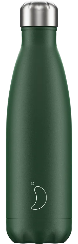 Matt-grüne Chillys Trinkflasche aus Edelstahl, 500 ml, mit silbernem Deckel und weißem Logo.