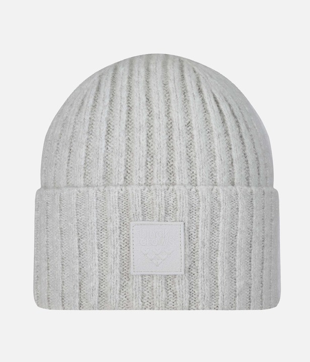 Light-colored, ribbed Black Crow beanie with logo patch on the front.