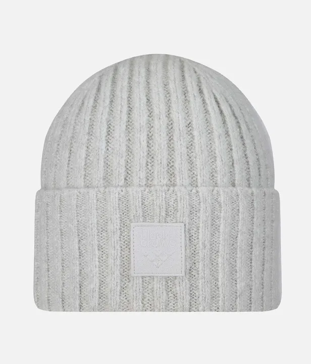 Light-colored, ribbed Black Crow beanie with logo patch on the front.