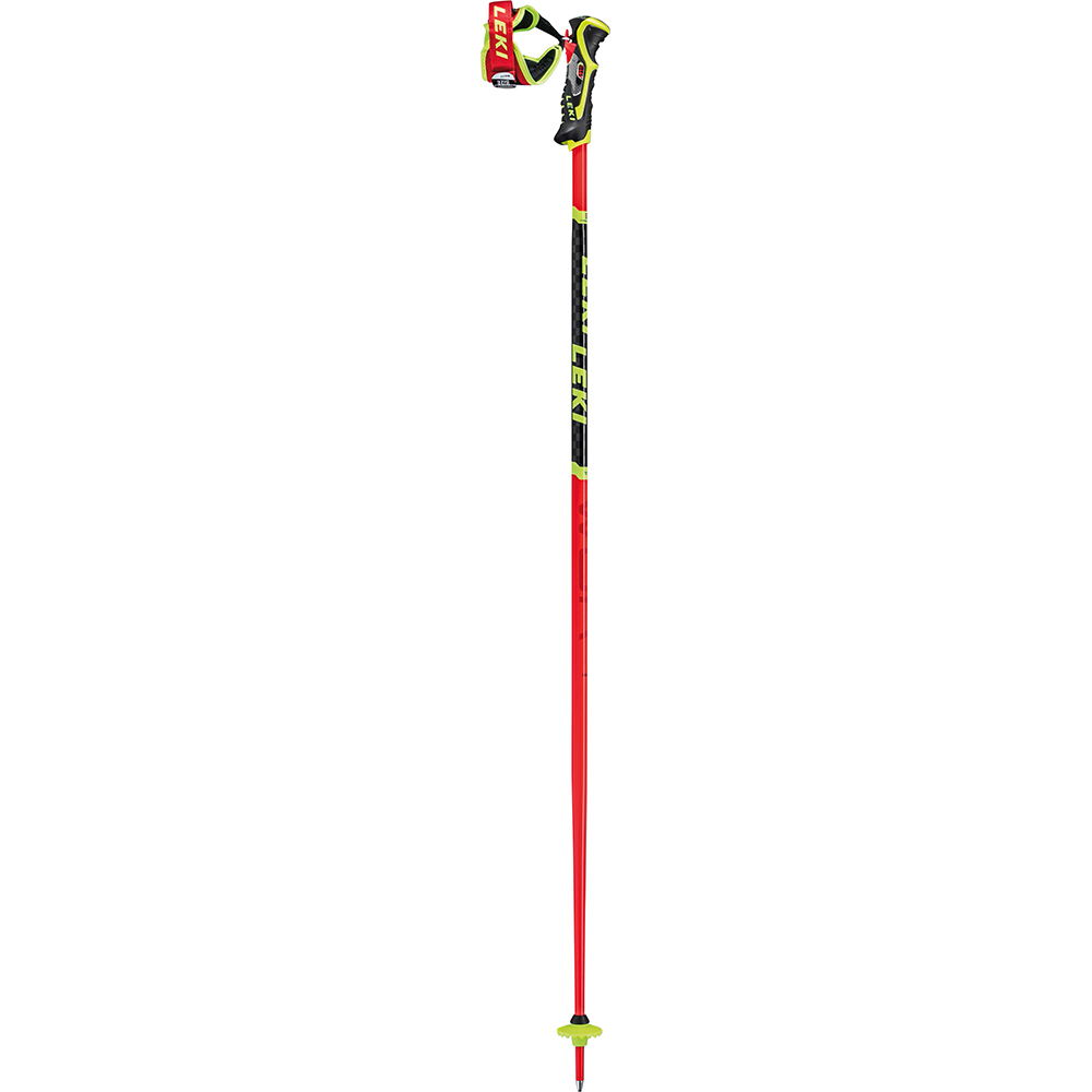 Roter Leki WCR Lite SL 3D Junior Skistock mit schwarzem Griff und gelben Details.
