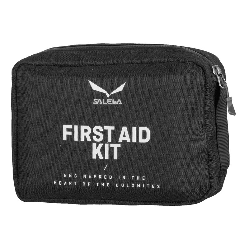 Noir Salewa First Aid Kit Outdoor avec inscription blanche et fermeture éclair.