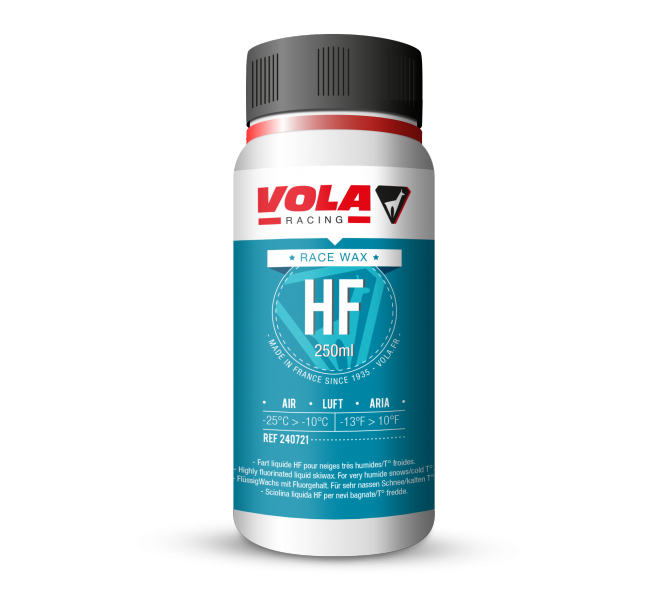 Flasche Vola Racing Race Bleu HF Flüssigwachs, blaues Etikett mit weißer Schrift.
