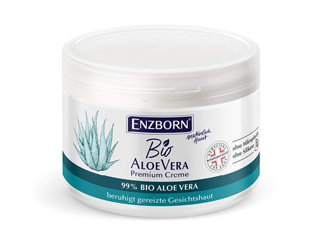 Draufsicht einer Dose Bio Aloe Vera Creme mit Aloe Vera Pflanze auf dem Etikett.
