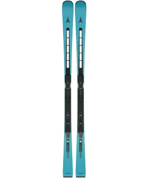 Blue-turquoise Atomic Redster X9RS Revoshock S ski with Icon RS 12 binding from above, ski ends pointing downwards.