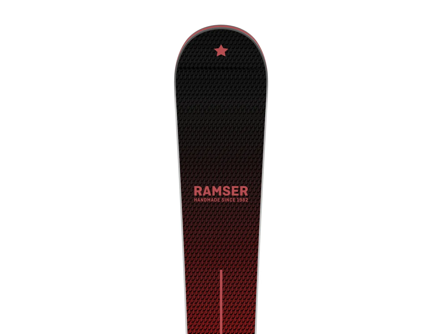 Close-up of a Ramser RED SL LTD ski with black to red color gradient texture and the Ramser logo.