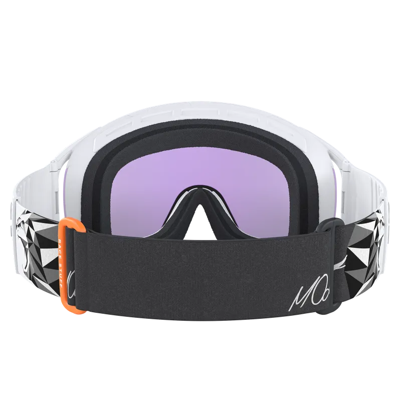 White ski goggles with purple lens, black frame and patterned strap with logos.