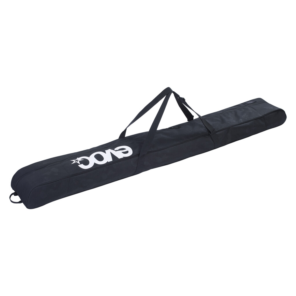 A long, black ski bag with EVOC logo and carrying handles, on a white background.
