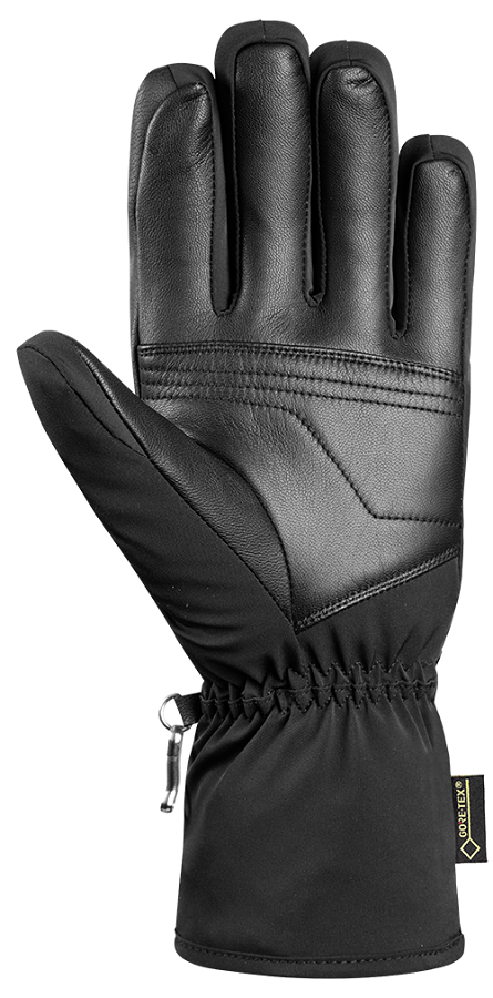 Schwarzer Reusch X-Liner GTX Skihandschuh mit Ziegenleder Innenhand und Softshell Rückhand von der Handinnenfläche aus gesehen.
