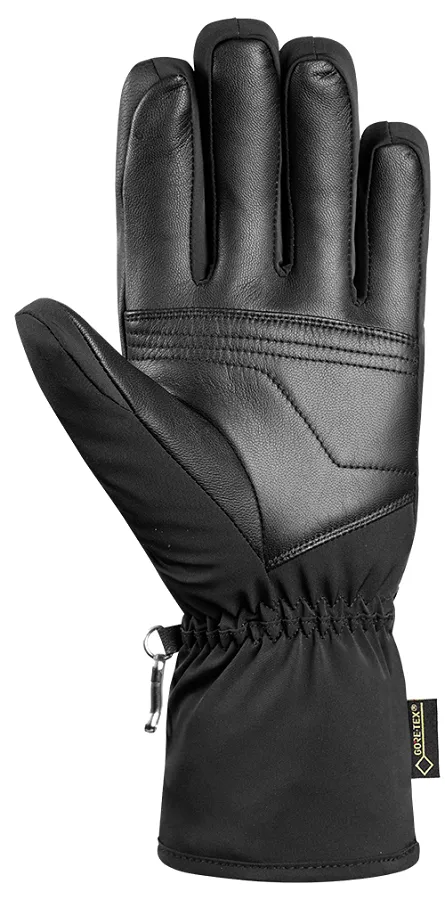 Black Reusch X-Liner GTX ski glove with goatskin leather palm and softshell backhand as seen from the palm.