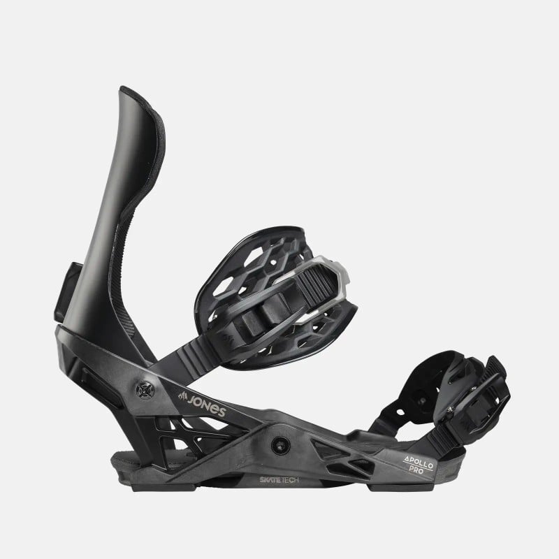 Black snowboard binding Black Jones Apollo Pro snowboard binding, side view with visible straps and highback.