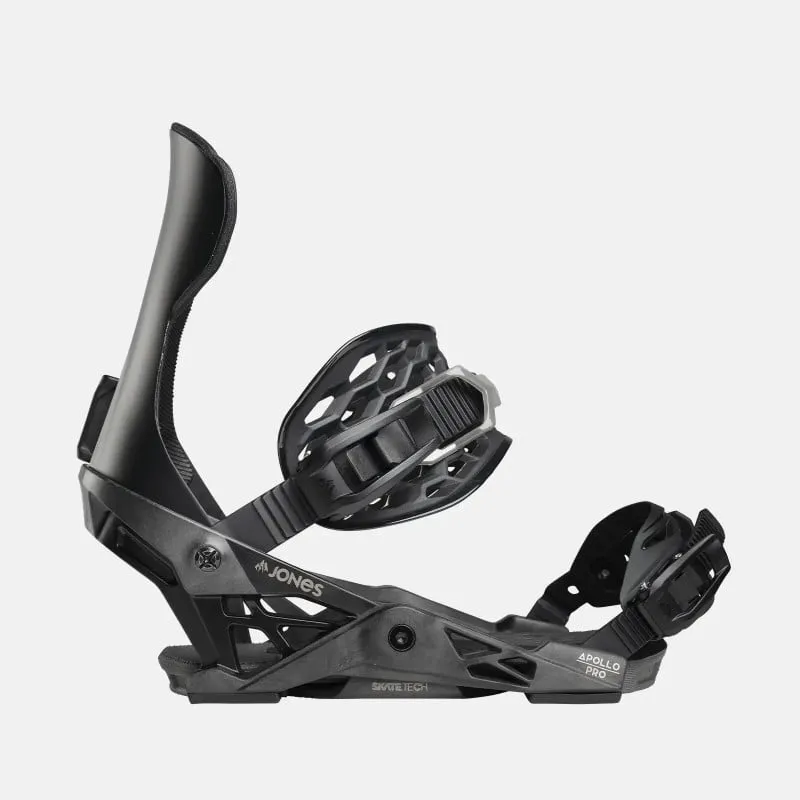 Schwarze Jones Apollo Pro Snowboardbindung, seitliche Ansicht mit sichtbaren Straps und Highback.