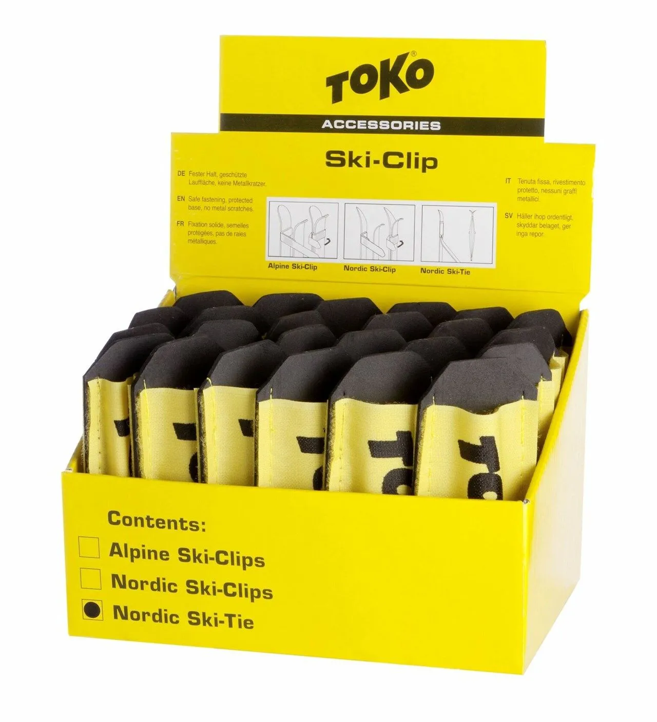 Yellow sales packaging with Toko Nordic Ski Ties. Black pads protect the ski bases.