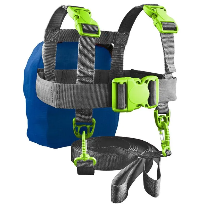 Blauer LuckyBums Kids Skitrainer mit grauen Gurten und grünen Schnallen. Leine abnehmbar.