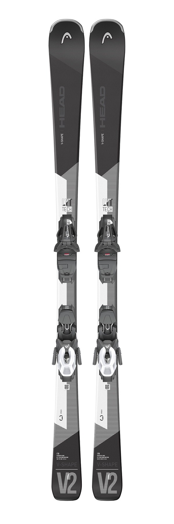 Ski Head V-Shape V2 mit montierter Bindung in grau-weiß, von vorne.