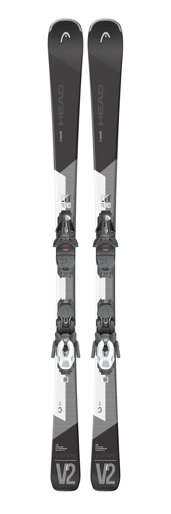 Ski Head V-Shape V2 mit montierter Bindung in grau-weiß, von vorne.