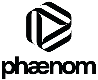 Logo of phænom: Abstract, three-dimensional ribbon triangle above the lettering "phænom" in sans serif font.