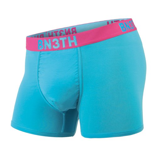 Hellblaue BN3TH Classics Trunk "Baja" Boxershorts mit pinkem Bund und blauem Logo.