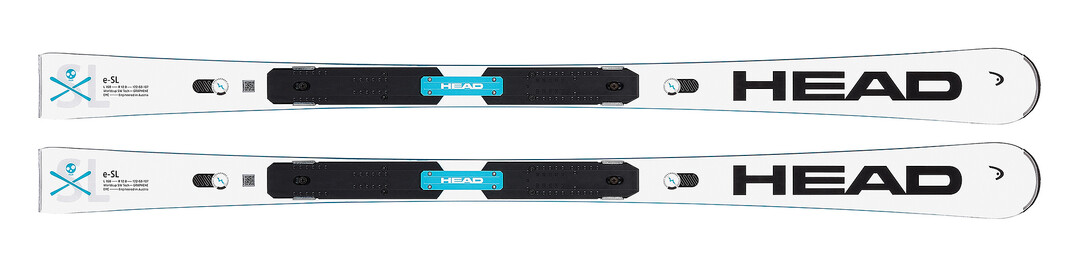 White Head Worldcup Rebels e-SL ski, from top, binding mounted, with the inscription e-SL, Head logo.
