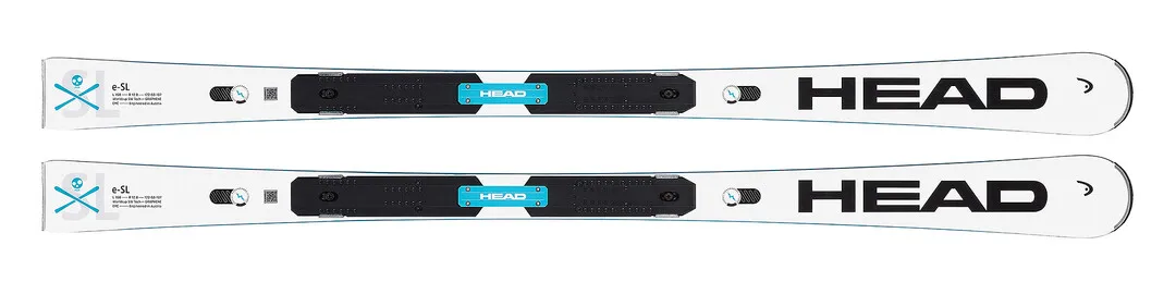 Ski blanc Head Worldcup Rebels e-SL, vu de dessus, fixation montée, avec l'inscription e-SL, logo Head.