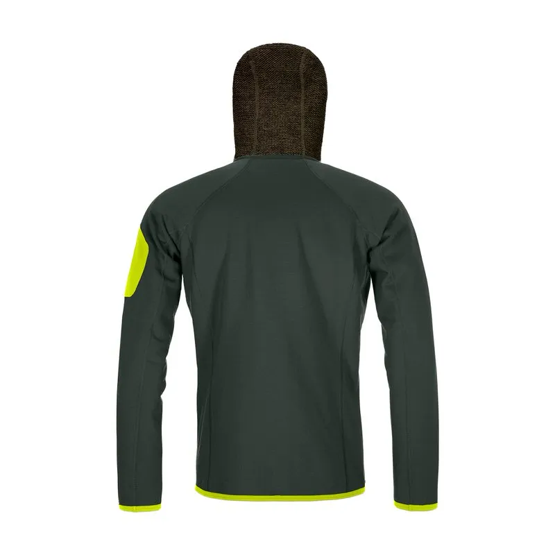 Back view of a green fleece hoody with knitted hood and yellow accents.