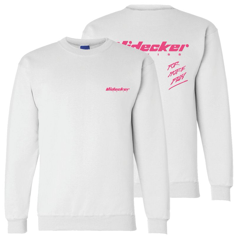 Weisses Nidecker Snowsurf Sweatshirt mit pinkfarbenem Logo vorne und Aufdruck hinten.