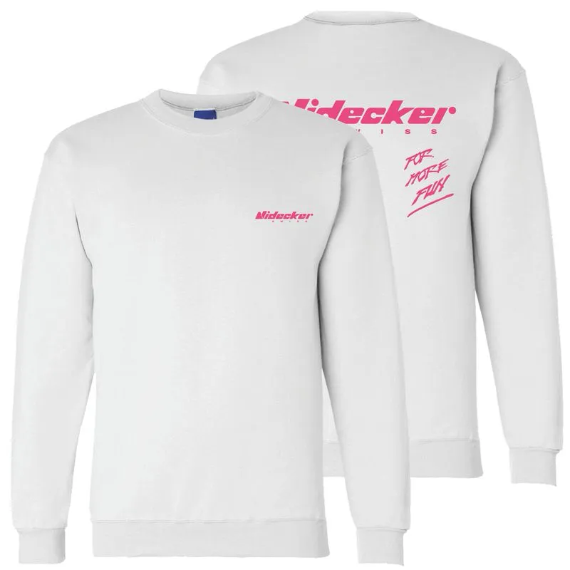 White Nidecker Snowsurf sweatshirt with pink logo on the front and print on the back.