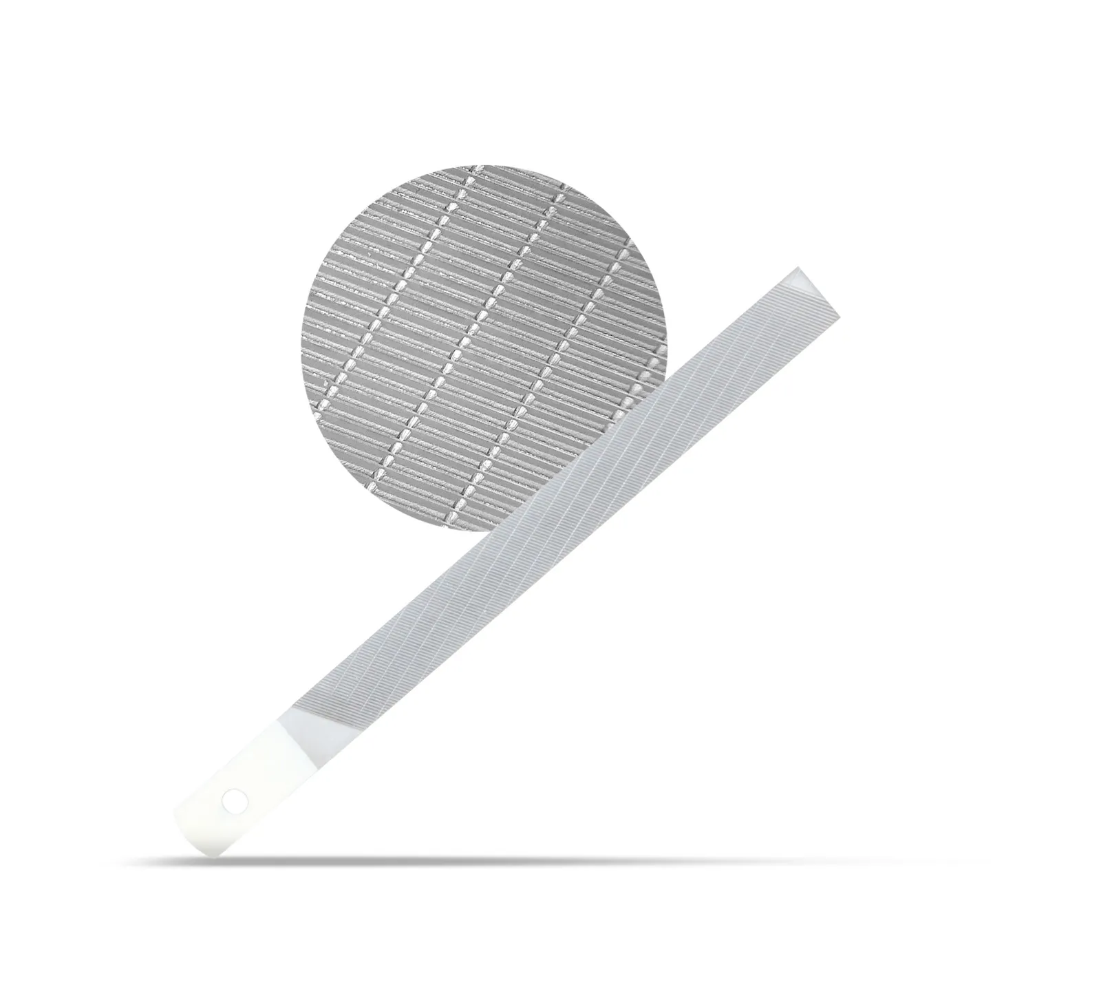 Metal file, 150 mm, with double-hewn surface and detailed view of the cutting surfaces.