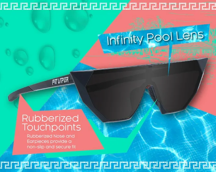 Black The Onyx sunglasses with brand detail and information on Infinity Pool Lens, non-slip nose pads and temples.