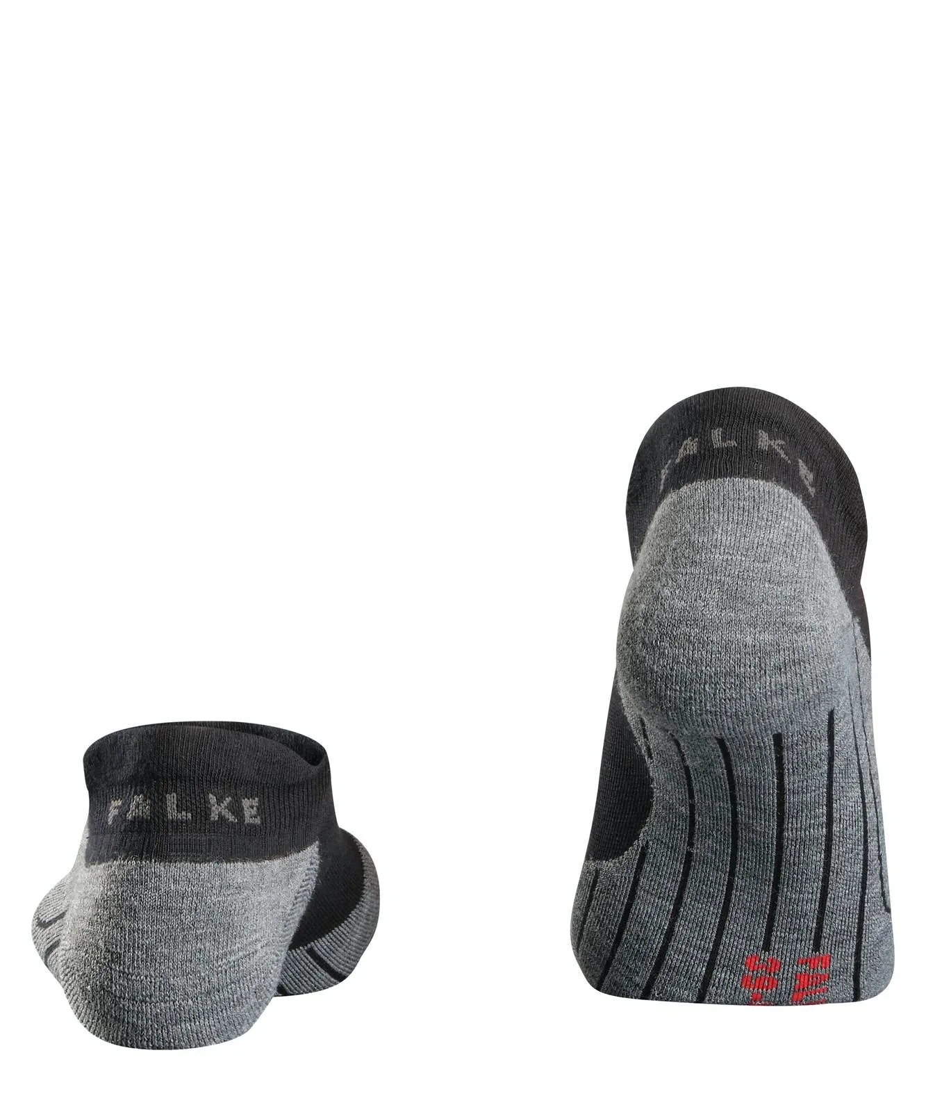 Two black and gray RU4 running socks by Falke, photographed from behind.