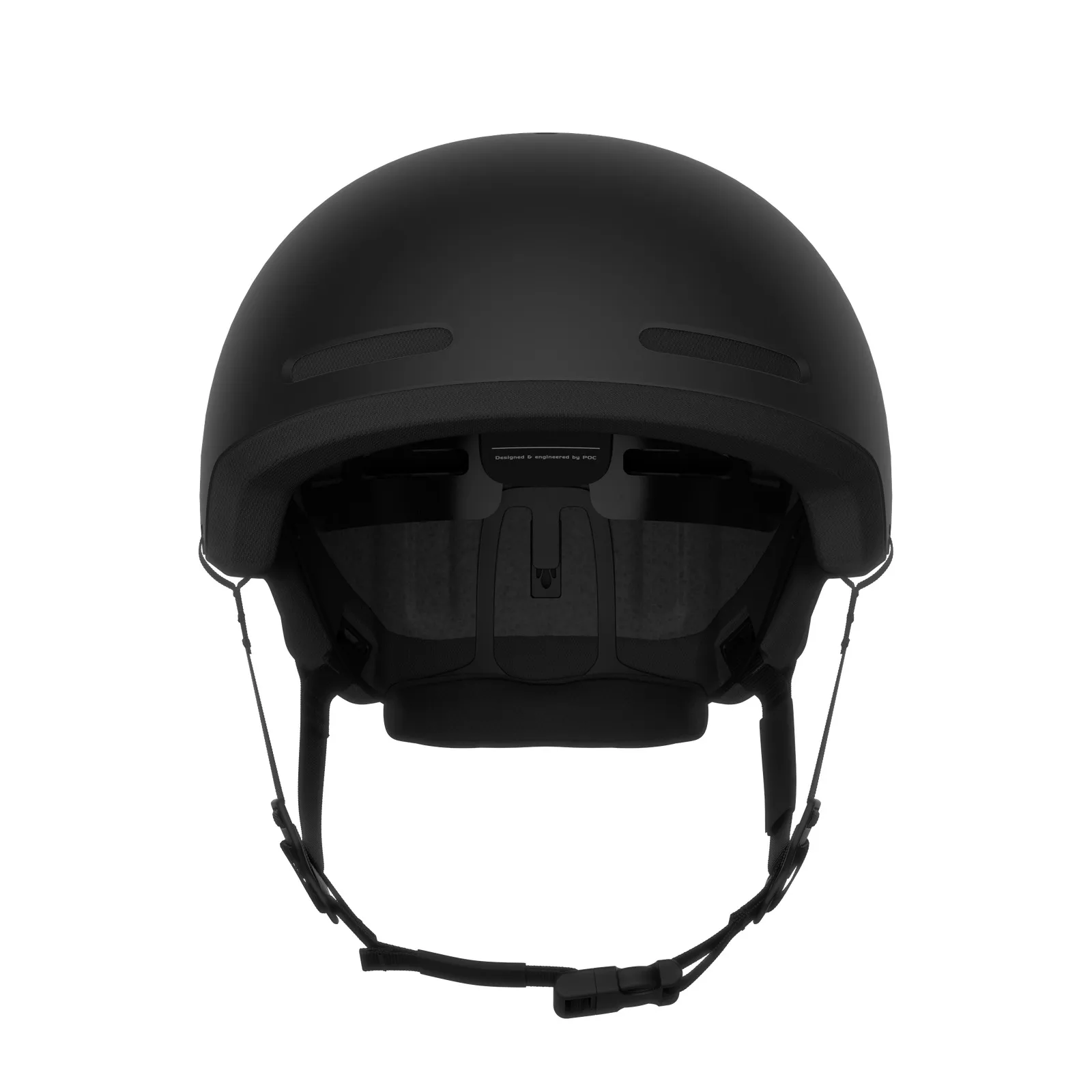 Front view: Black POC Calyx helmet with chin strap and ventilation openings.