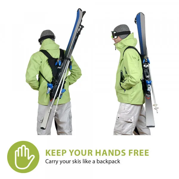 Two people with Skiback: skis carried on the back like a rucksack, hands free. Views: Back and side.