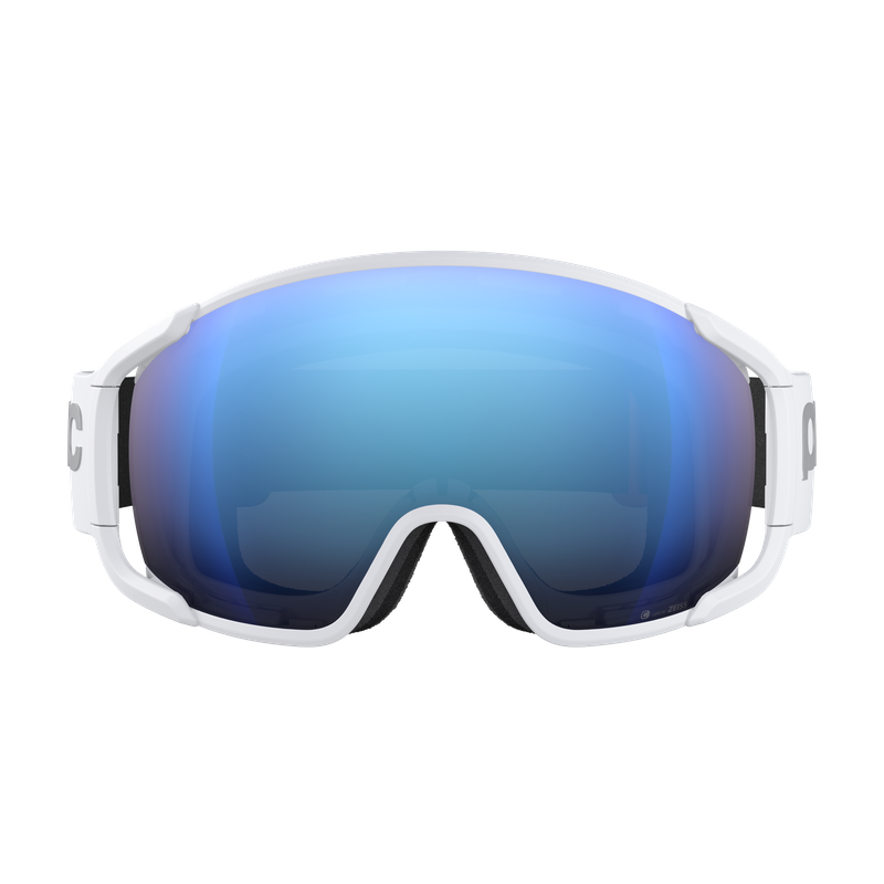 Frontansicht einer weißen Skibrille mit großer, blauer verspiegelter Linse und schwarzer Polsterung.